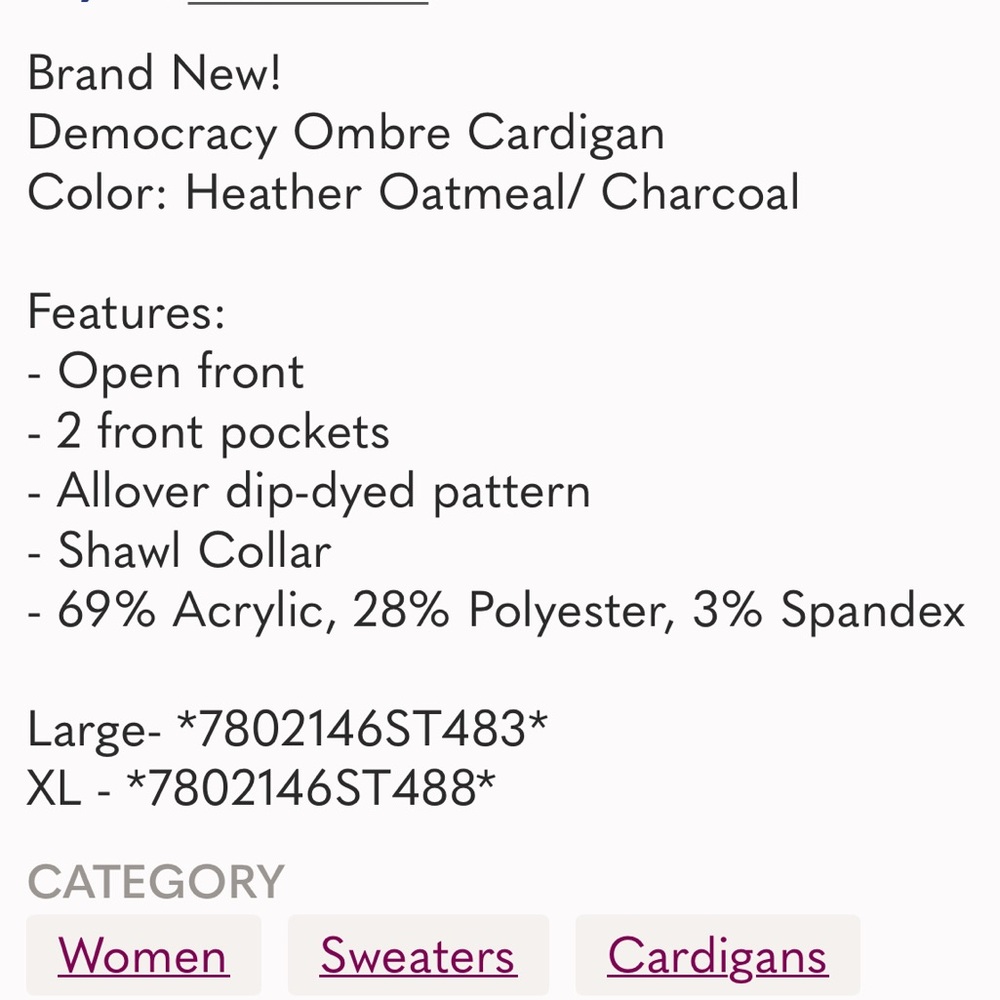 DEMOCRACY size XLARGE Ombré Oatmeal & Charcoal Cardigan Sweater NEW - Picture 12 of 12